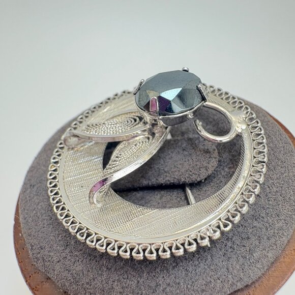 VTG Sterling SIlver 925 Hematite Flower Design Circle Brooch Size 1" Diameter - Picture 5 of 12